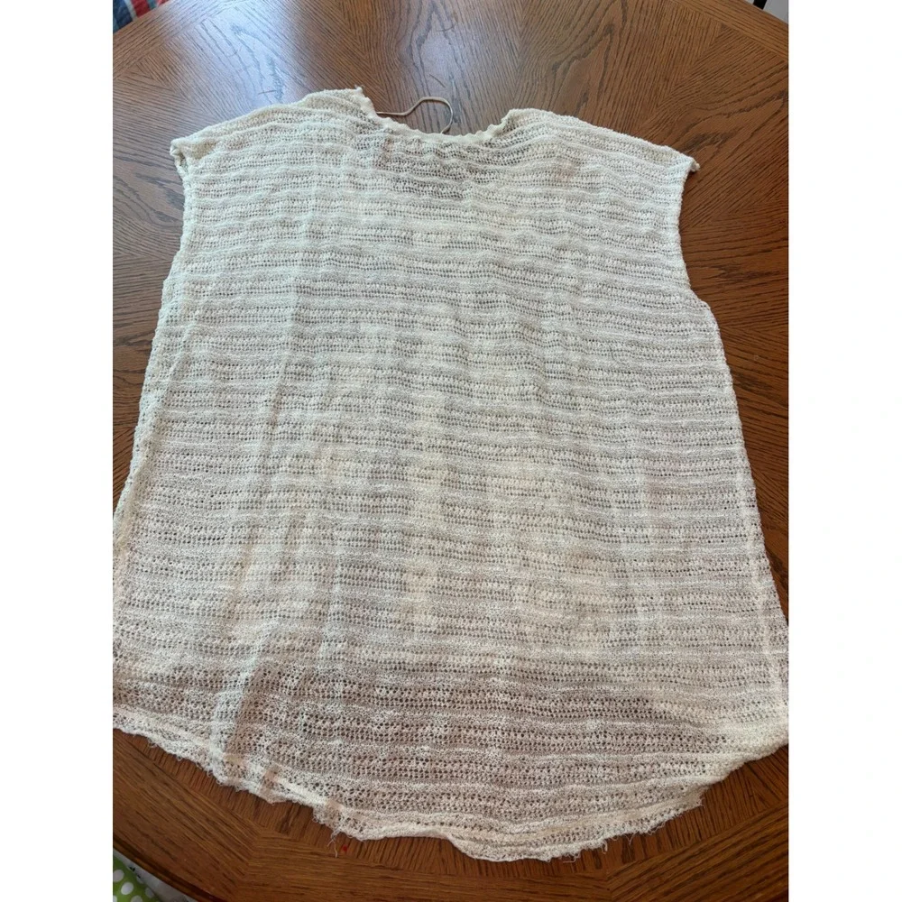 Free People‎ White Embroidered Mesh Knit Oversized Boho V-Neck Top Medium